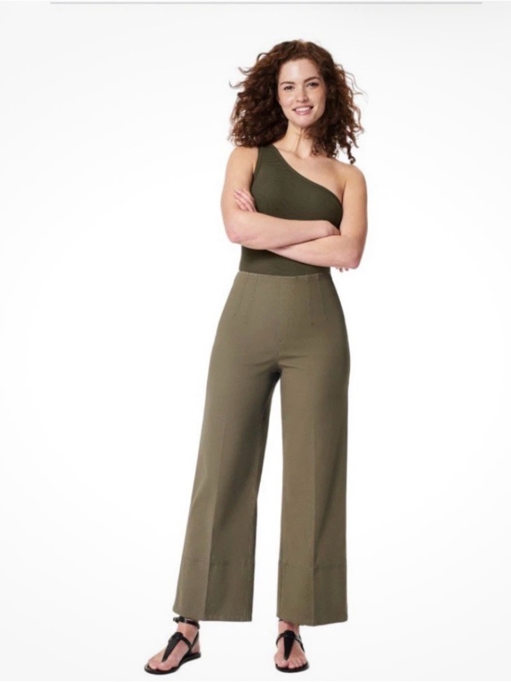 SPANX Stretch Twill Cropped Wide Leg Tuscan Olive Pants , Size L